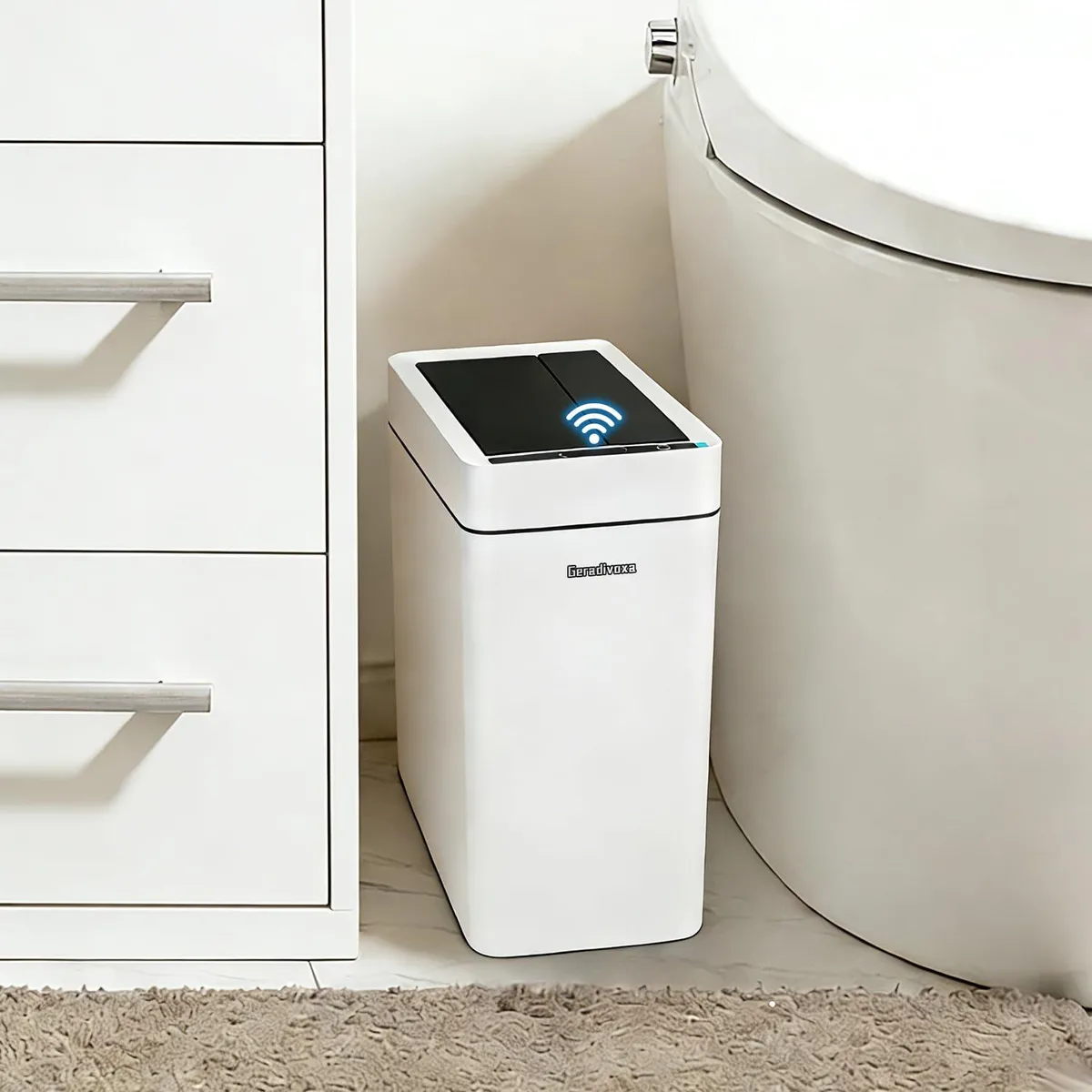 Three slim white touchless trash cans with sensor lids