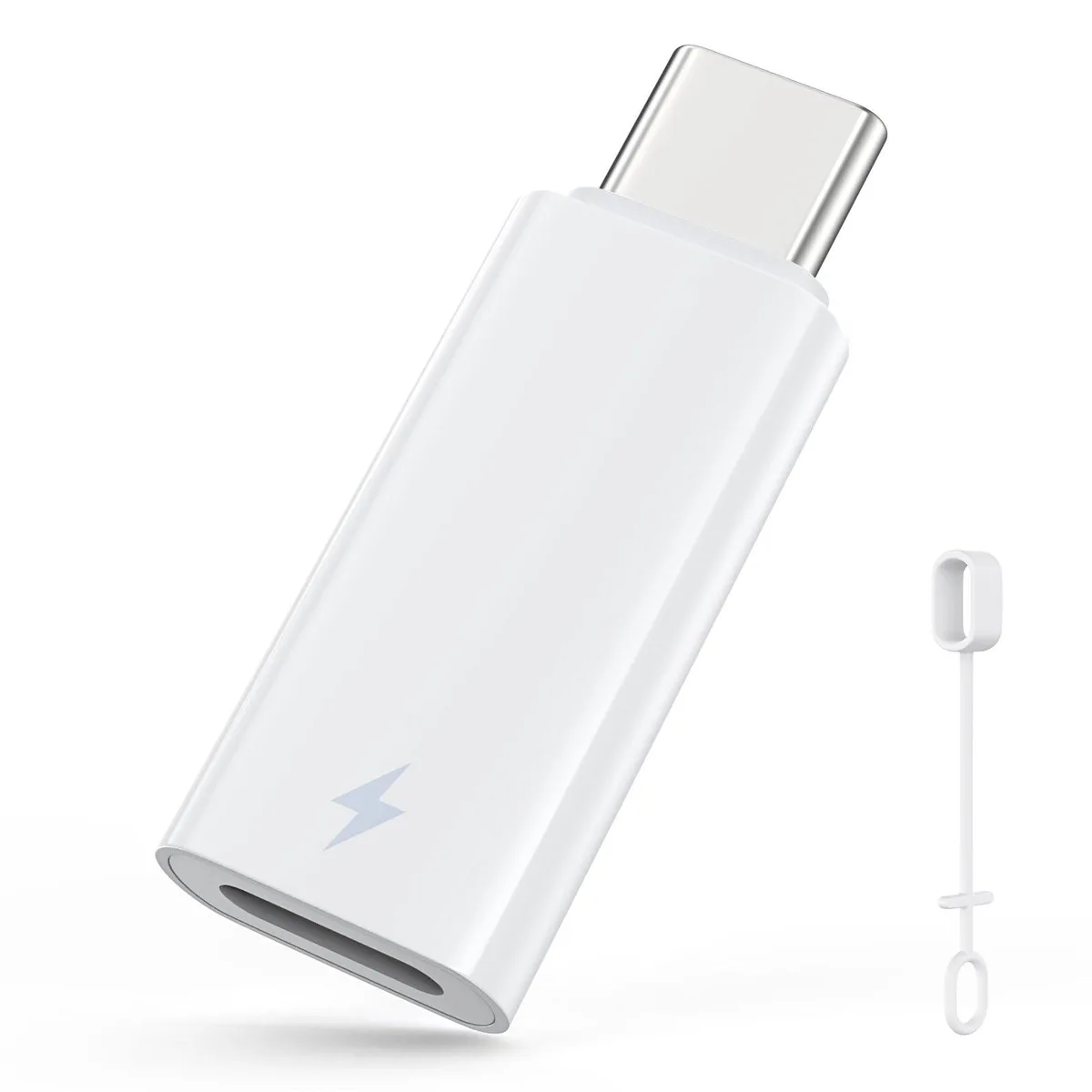 Compact white USB-C to Lightning adapter with small anti-lost loop, aluminum alloy and plastic body