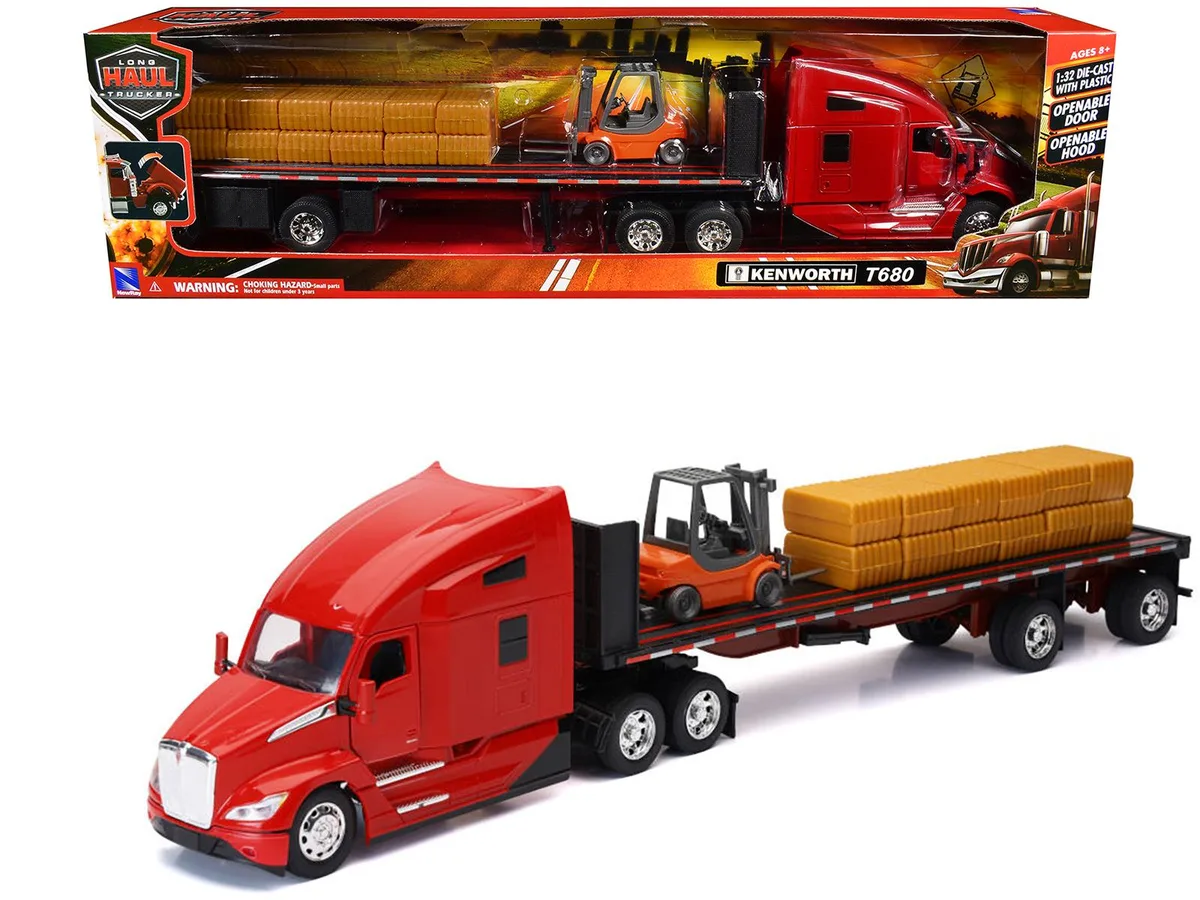 New Ray Toys New Ray Toys Kenworth T680 Red Flatbed Trailer Forklift Hay Load 1/32 Die Cast — product photo
