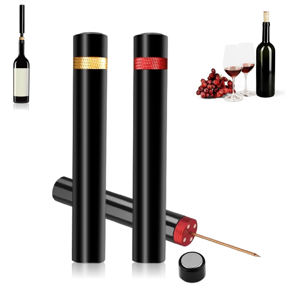 Two black air-pressure wine openers, slim pen shape, matte finish