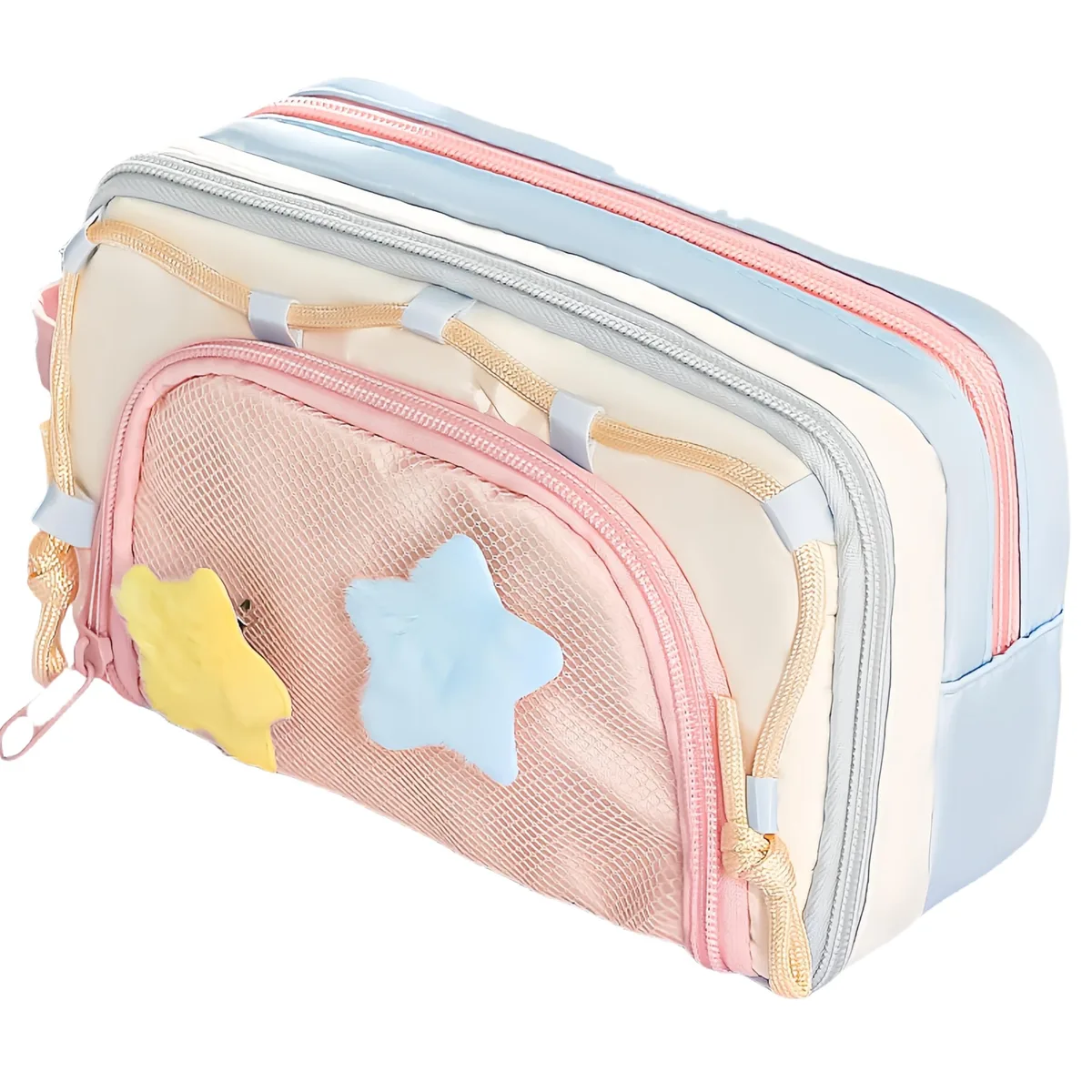 Pink polyester pencil case with star pin, seven-layer compartments, side handle, 24.511 cm tall