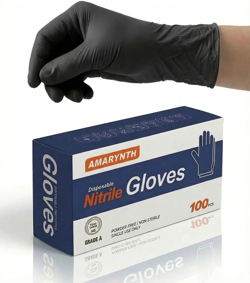 Box of 100 black nitrile gloves, medium size, textured fingertips