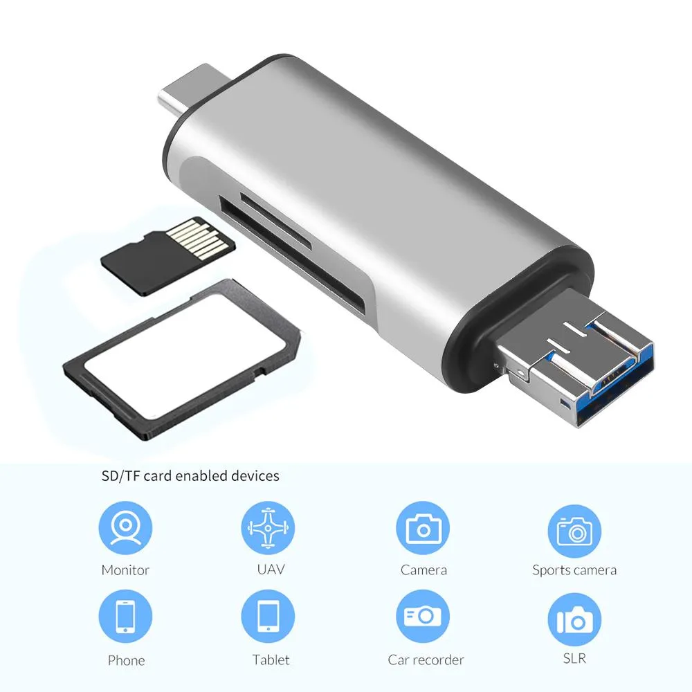 Hetai Tech Hetai Tech 3-in-1 OTG Card Reader USB 3.0 Type-C Micro USB-A Dual Slot TF SD — product photo