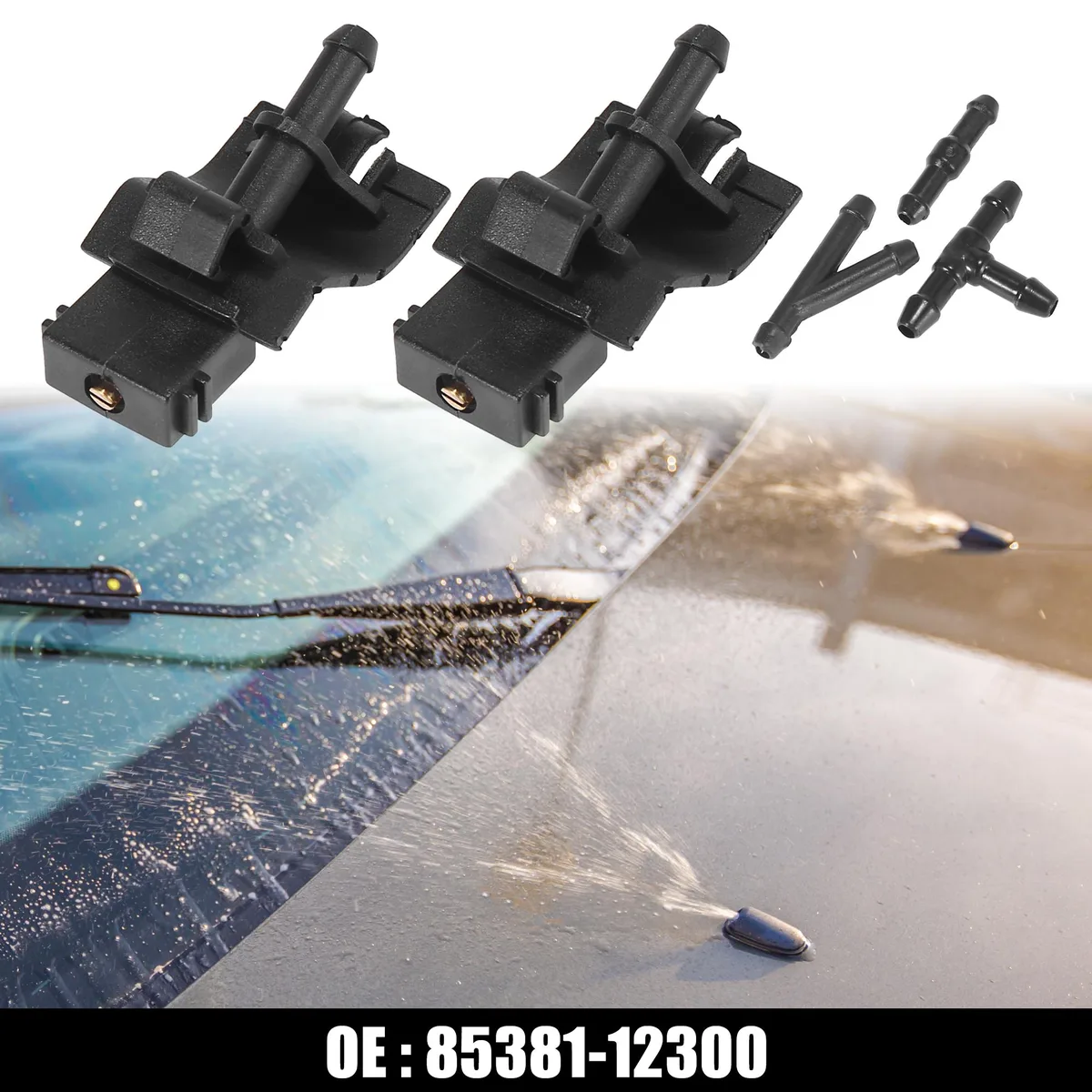 Five black plastic front washer nozzles with three hose connectors