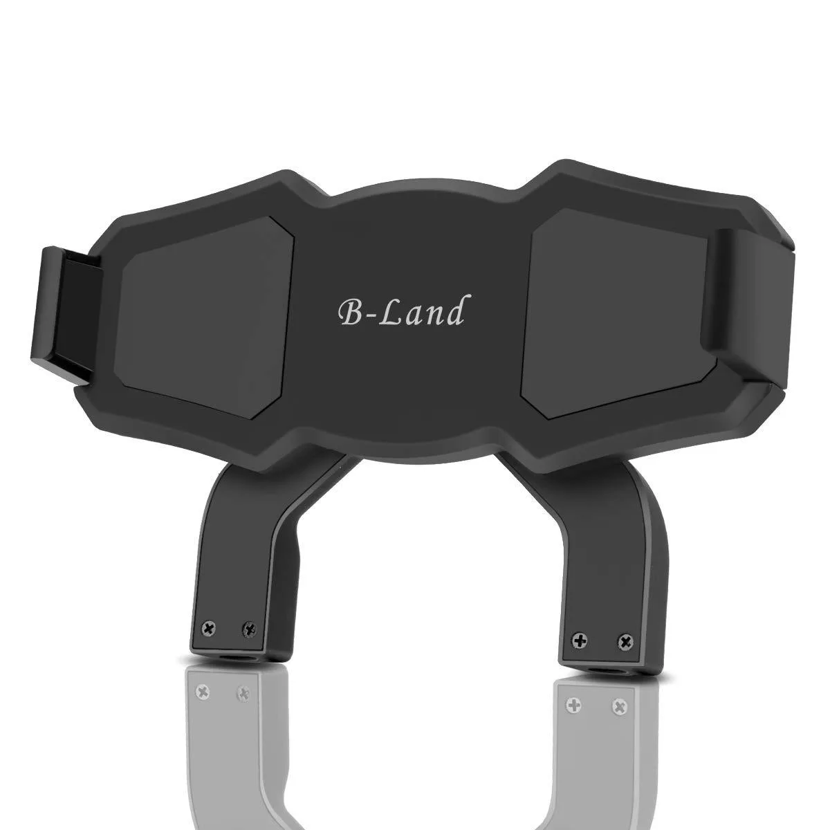 Black adjustable tablet clamp with spring-loaded jaws and 360-degree rotating ball joint