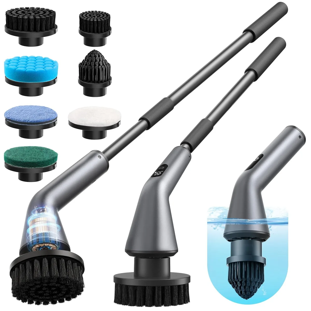 White cordless spin scrubber with extendable pole and brush heads