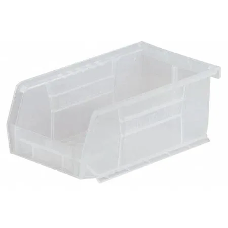 Clear plastic rectangular storage bin with open top and front label slot