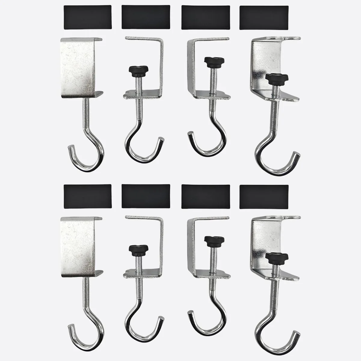 Eight silver metal desk clamps with adhesive pads, each opening 1.22 inches