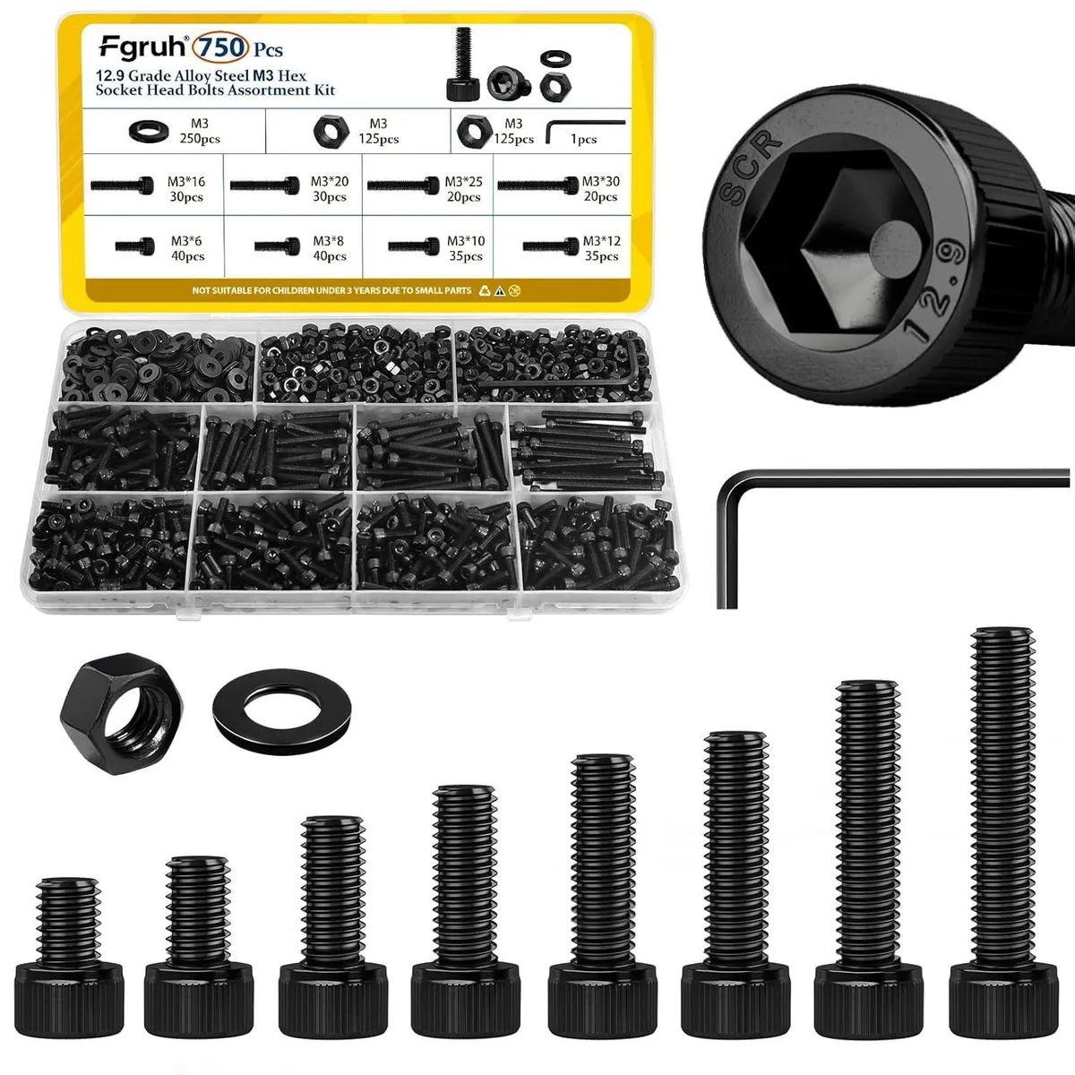  Fgruh M3 Screws Assortment Kit 750pcs Hex Socket Head Bolts Nuts Washers 12.9 Steel — product photo