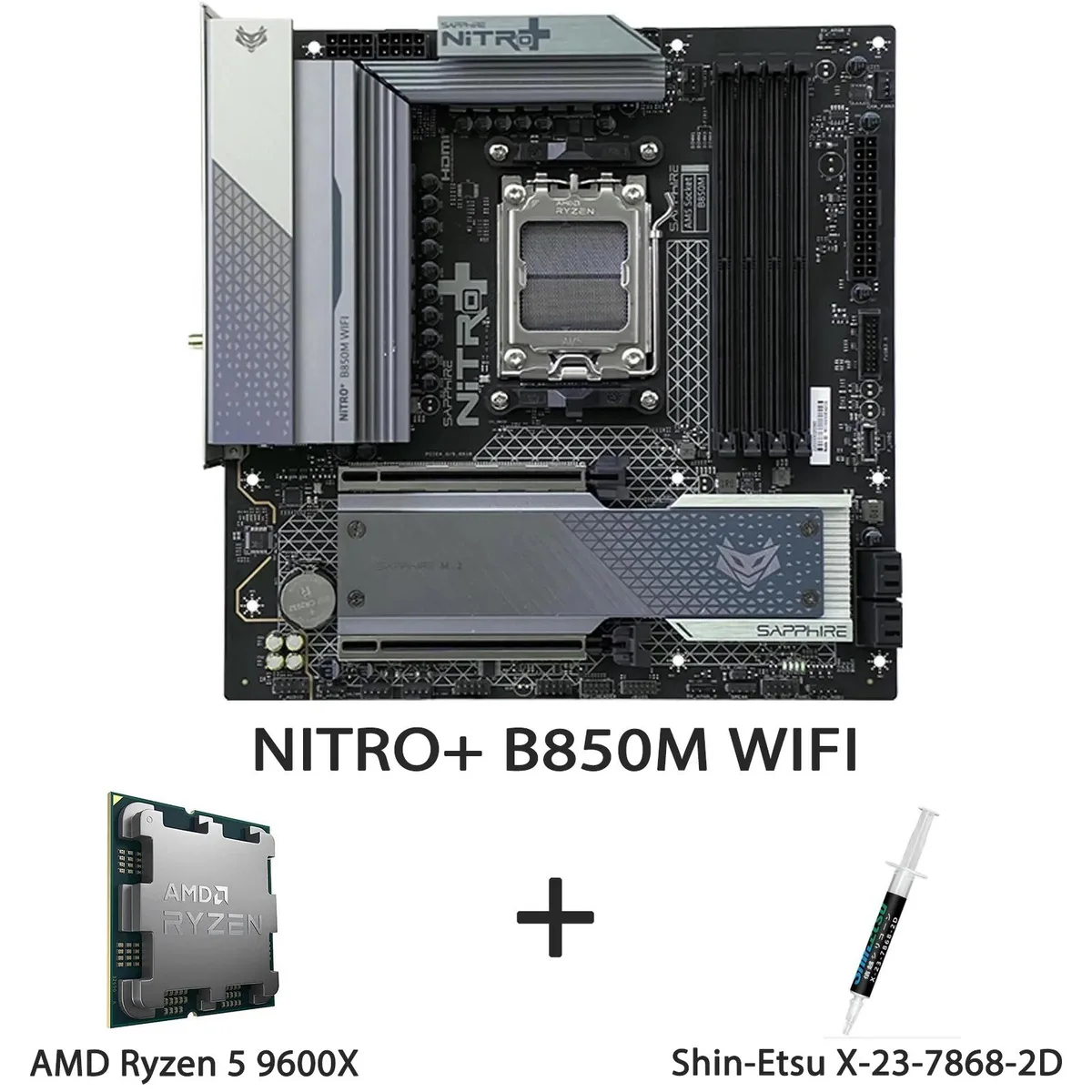 Sapphire Tech Sapphire Tech NITRO+ B850M WIFI AM5 mATX Motherboard + AMD Ryzen 5 9600X Combo Support — product photo