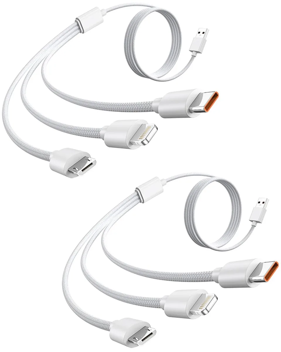 Two white braided USB cables with triple connectors each