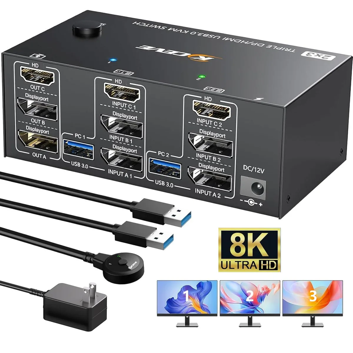 AUTYUE AUTYUE KC-203DH 3 Monitor 2 Computer KVM Switch 8K@60Hz 4K@144Hz — product photo