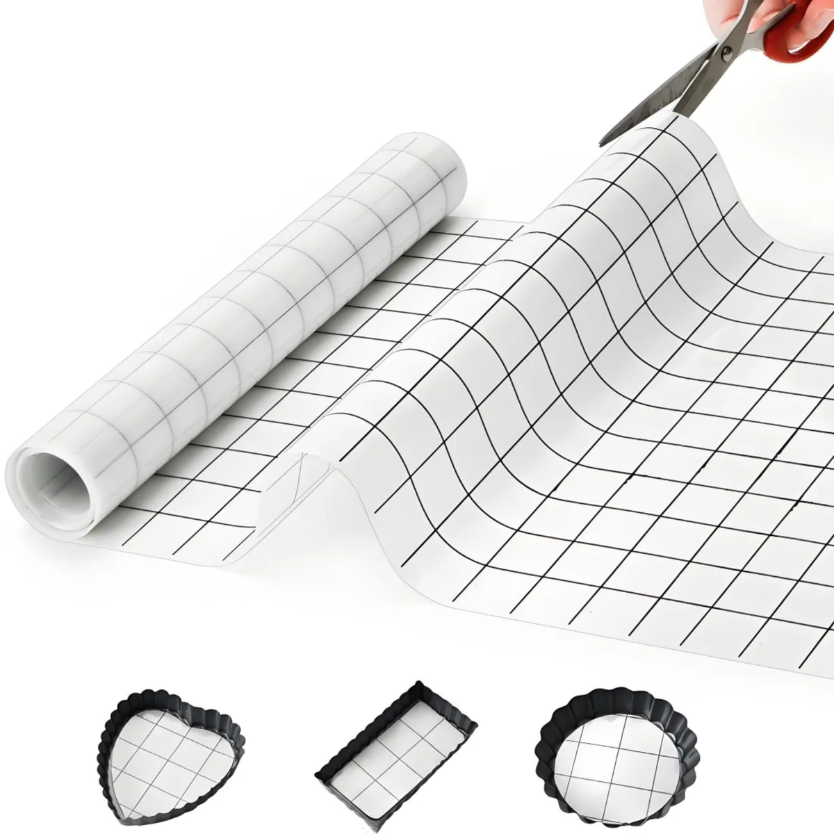 White rectangular silicone mat roll with printed grid lines, non-slip back, 12 inches wide by 8 feet long