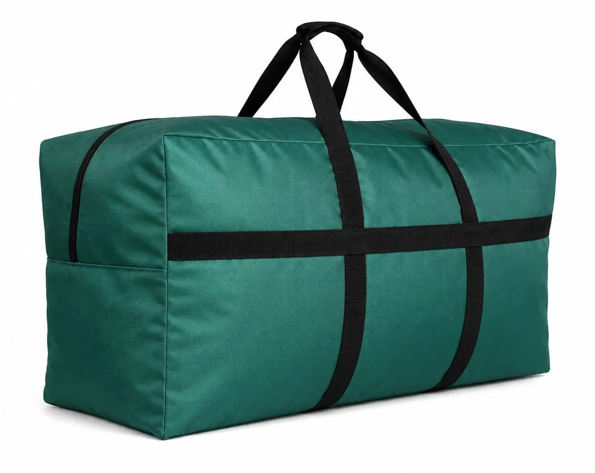 Grey foldable duffle bag with reinforced handles and lockable zipper, 60L capacity