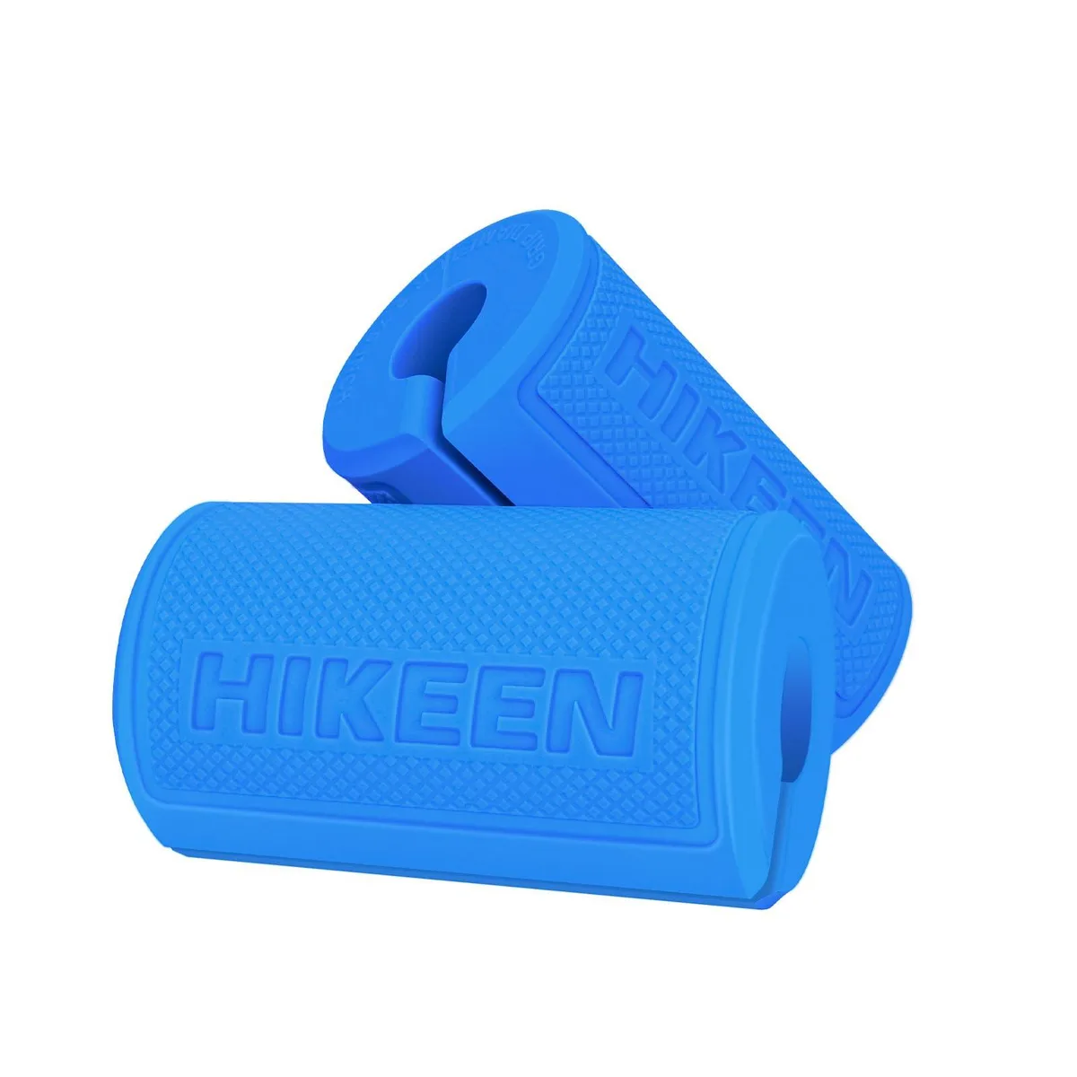 Pair of blue rubber dumbbell grips, 2.75 inch diameter, textured surface