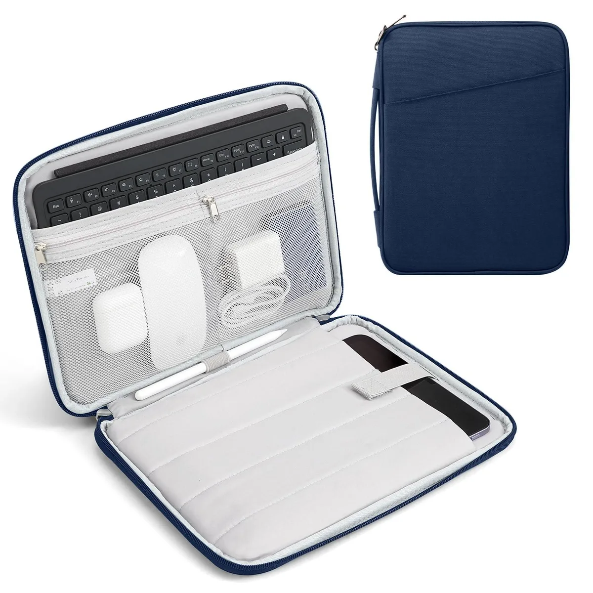 Indigo tablet sleeve with zip closure and multiple pockets