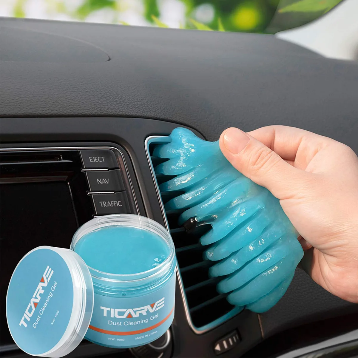 Blue cleaning gel in a 59 mm tub, soft putty texture, lavender scent, reusable dust remover for vents and crevices