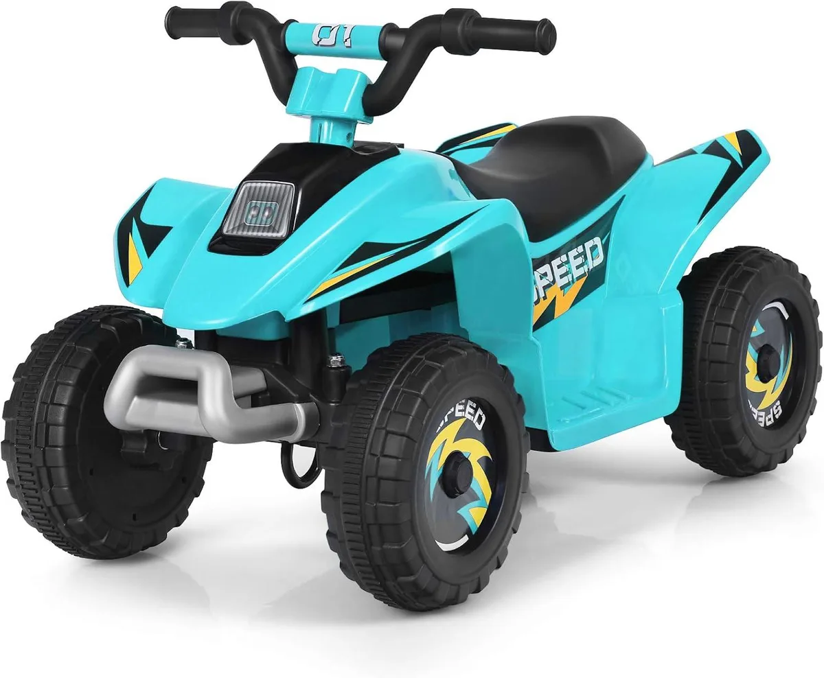 Blue kids electric quad bike with chunky black wheels, footrests and curved seat