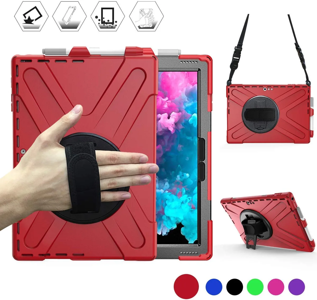 Red rugged silicone case with handle, kickstand and shoulder strap