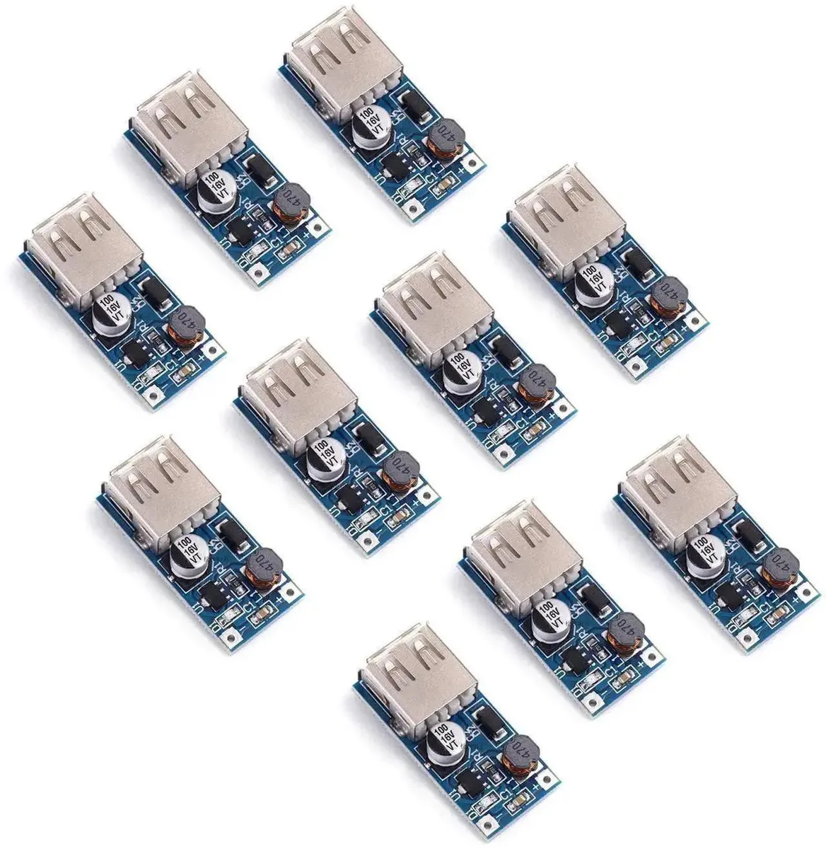 Pack of ten tiny green PCBs each with a USB-A port