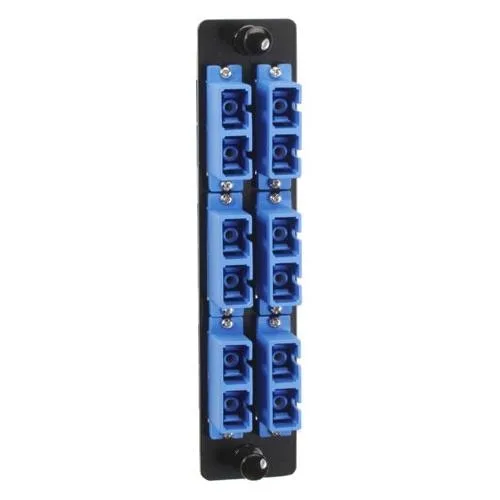 High-density fiber optic adapter panel with multiple blue SC ports in a metal bracket