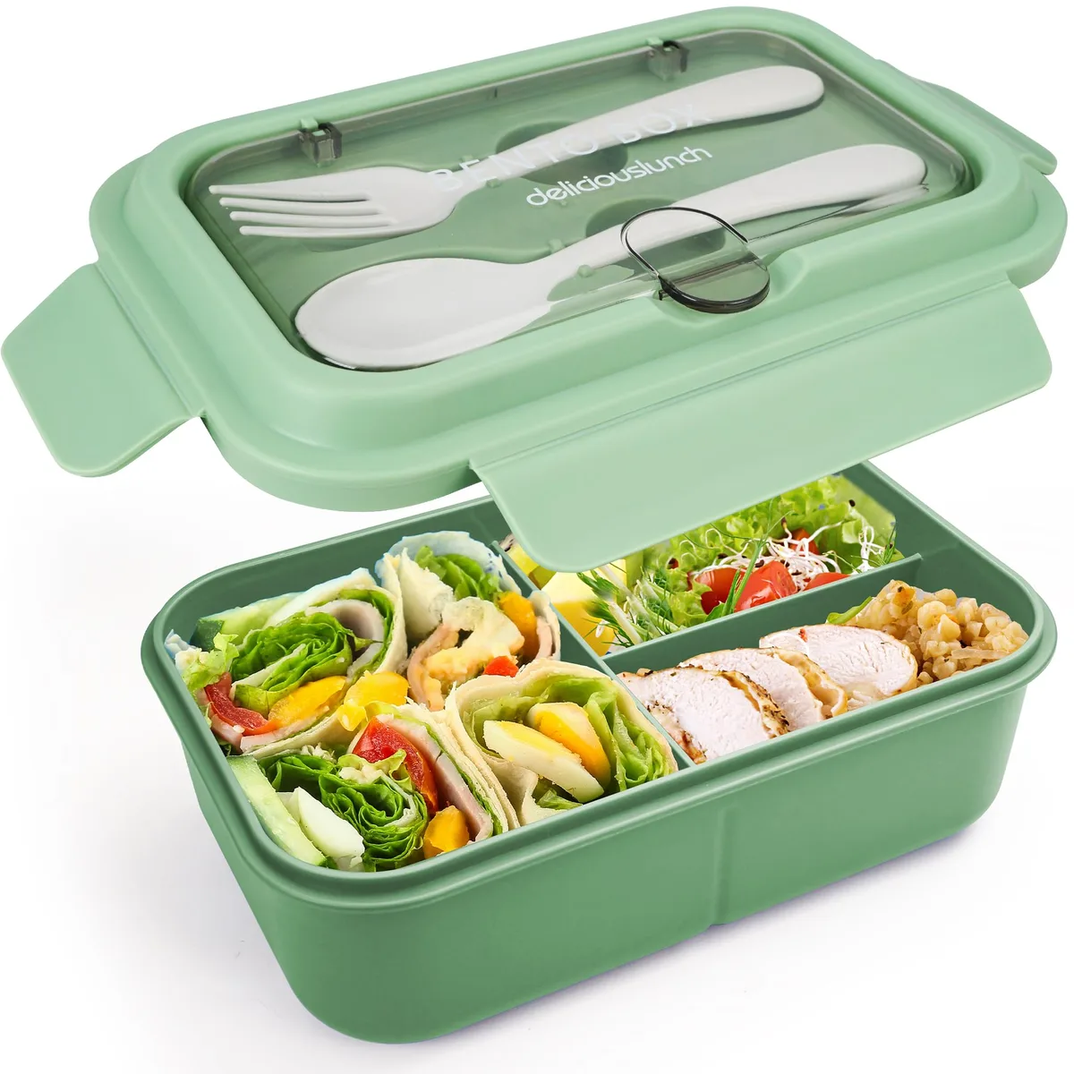 Green polypropylene bento box with three compartments, lid, spoon and fork