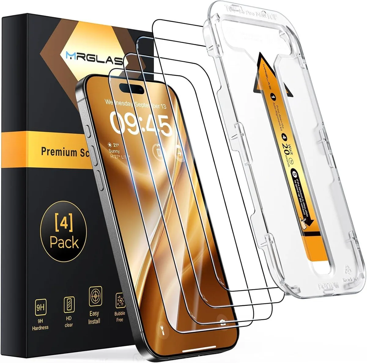 Four clear tempered-glass screen protectors in a rectangular pack