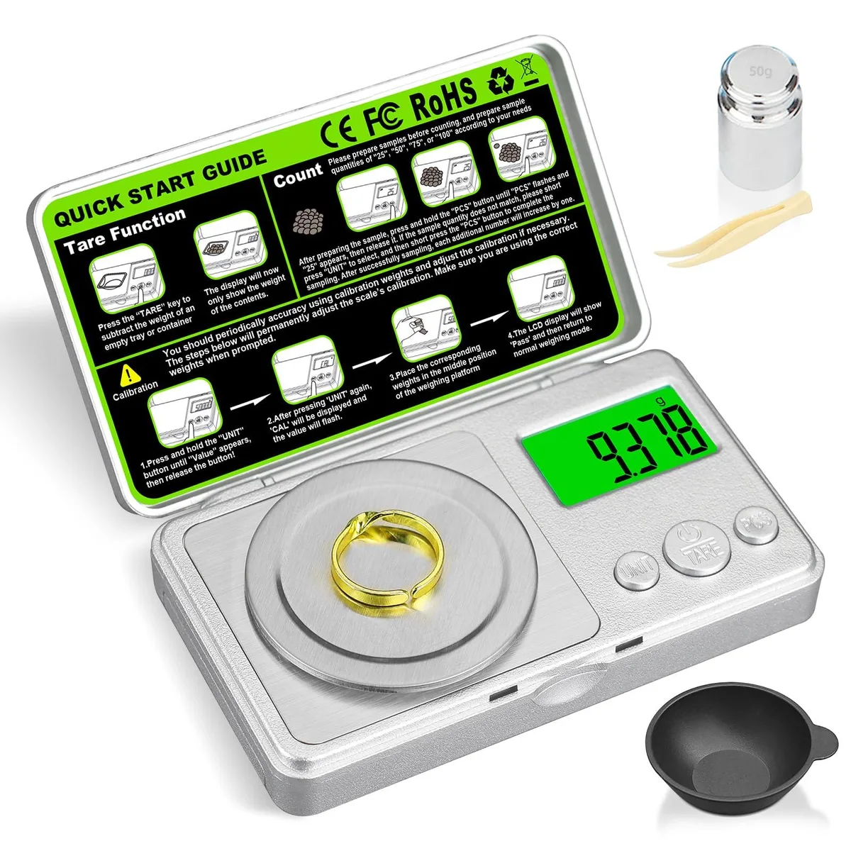 Twelve silver milligram scales with stainless steel platforms, calibration weights, tweezers and trays