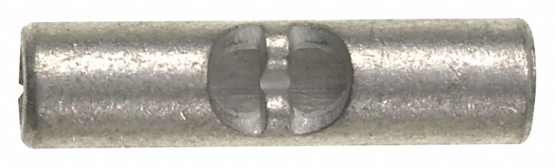 Small bare copper butt splice connector, tin-plated, about 0.63 inches long