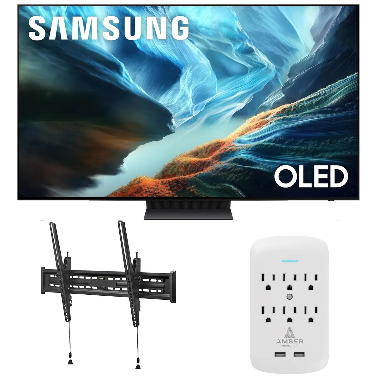 SAMSUNG SAMSUNG QN83S90HAEXZA 83" OLED 4K 165Hz TV combo with tilt mount and surge protector — product photo