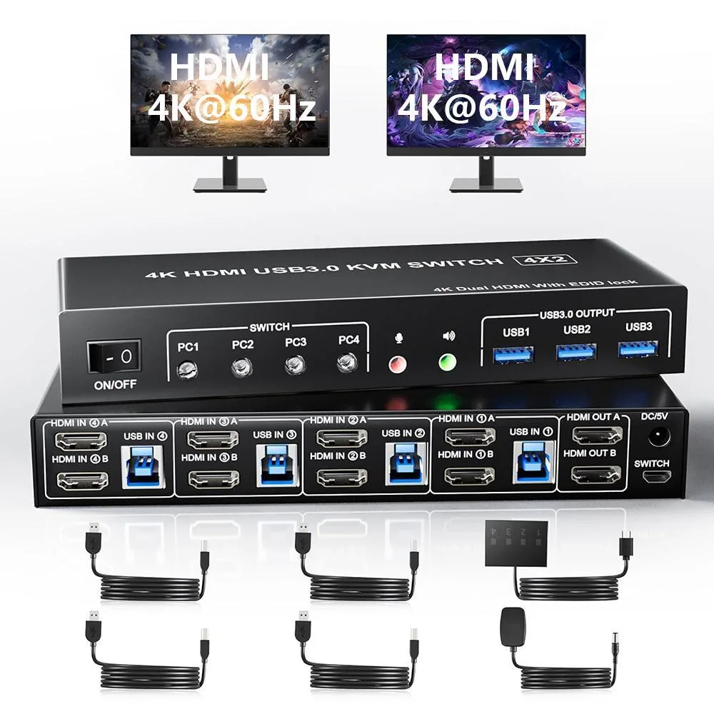 WRIARICH WRIARICH 4-port HDMI KVM switch 4K 60 Hz dual monitor 3 USB 3.0 audio — product photo
