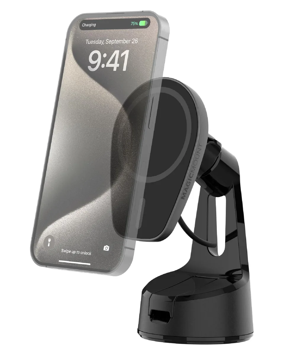Black Qi2 MagSafe car mount with suction cup base and 360-degree ball joint