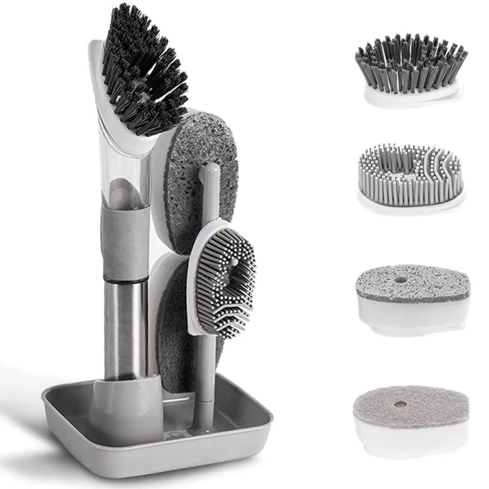  Metra 4-in-1 Soap Dispensing Dish Brush Set with 4 Replacement Heads and Holder (Grey) — product photo