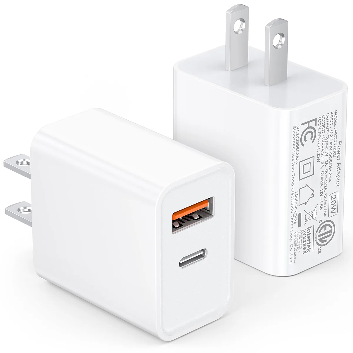Two compact white USB-C and USB-A wall chargers