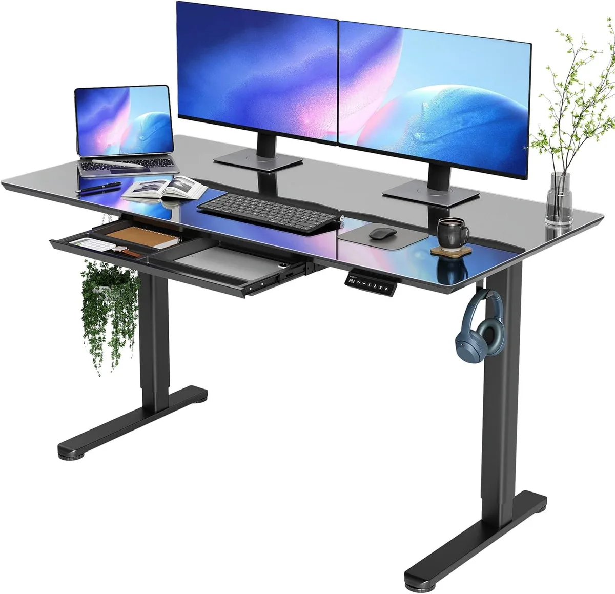 BFKK BFKK Glass Standing Desk with Drawers 55×24 Inch Black — product photo