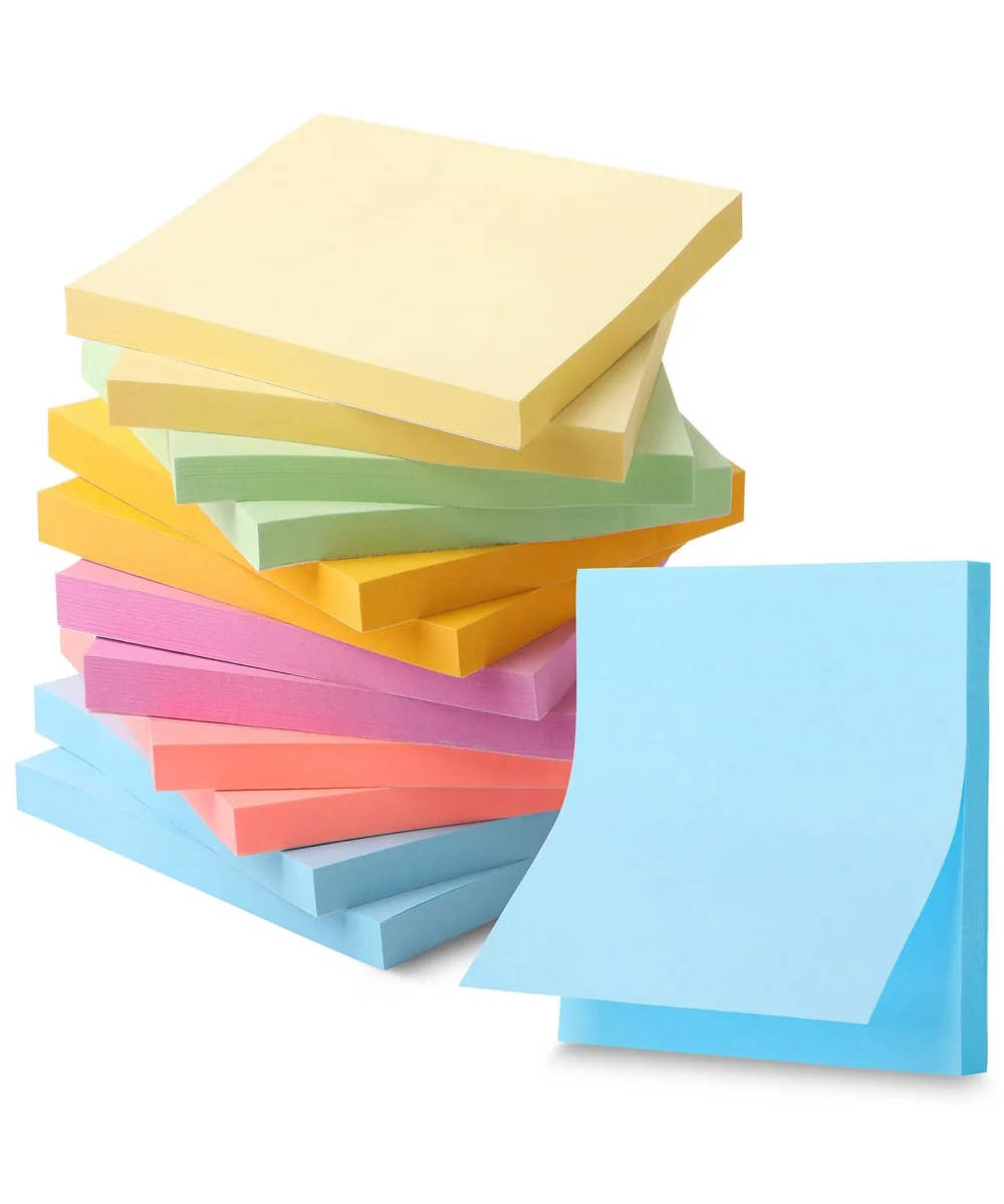 Twelve square pastel sticky-note pads in a rectangular pack