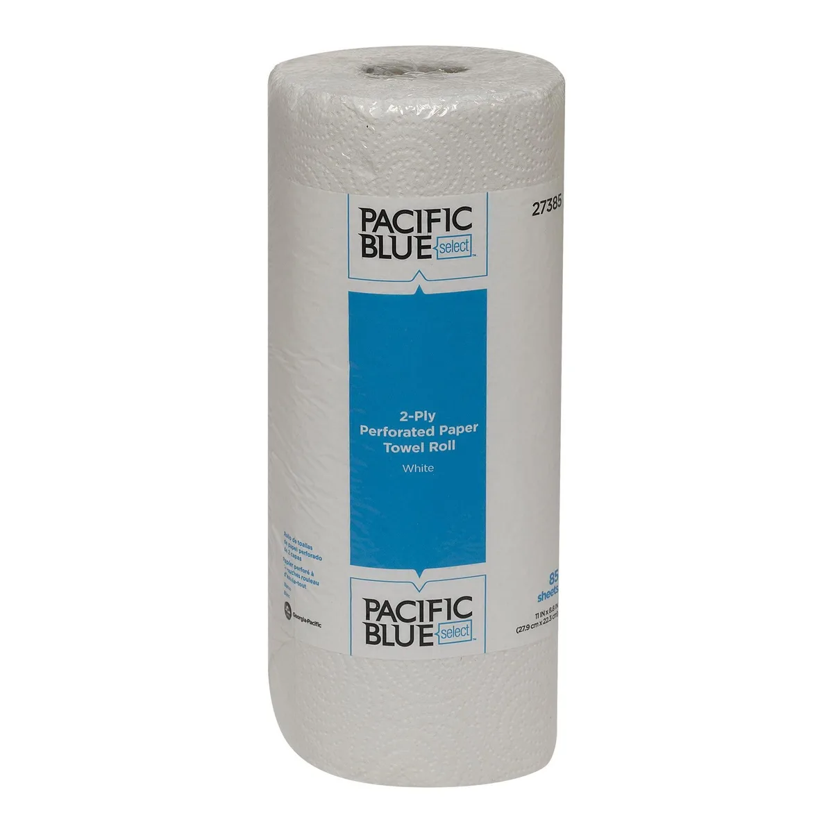 White perforated 2-ply paper towel rolls in a 50-count pack