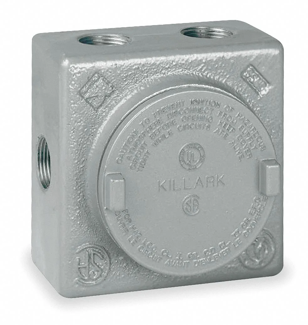 Gray powder-epoxy conduit outlet body with blank cover 1/2 in hub 3.5 in high 4.625 in wide 2.38 in usable depth