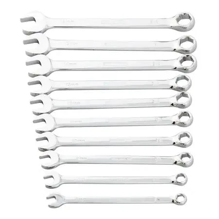 Ten-piece metric combination wrench set in chrome finish