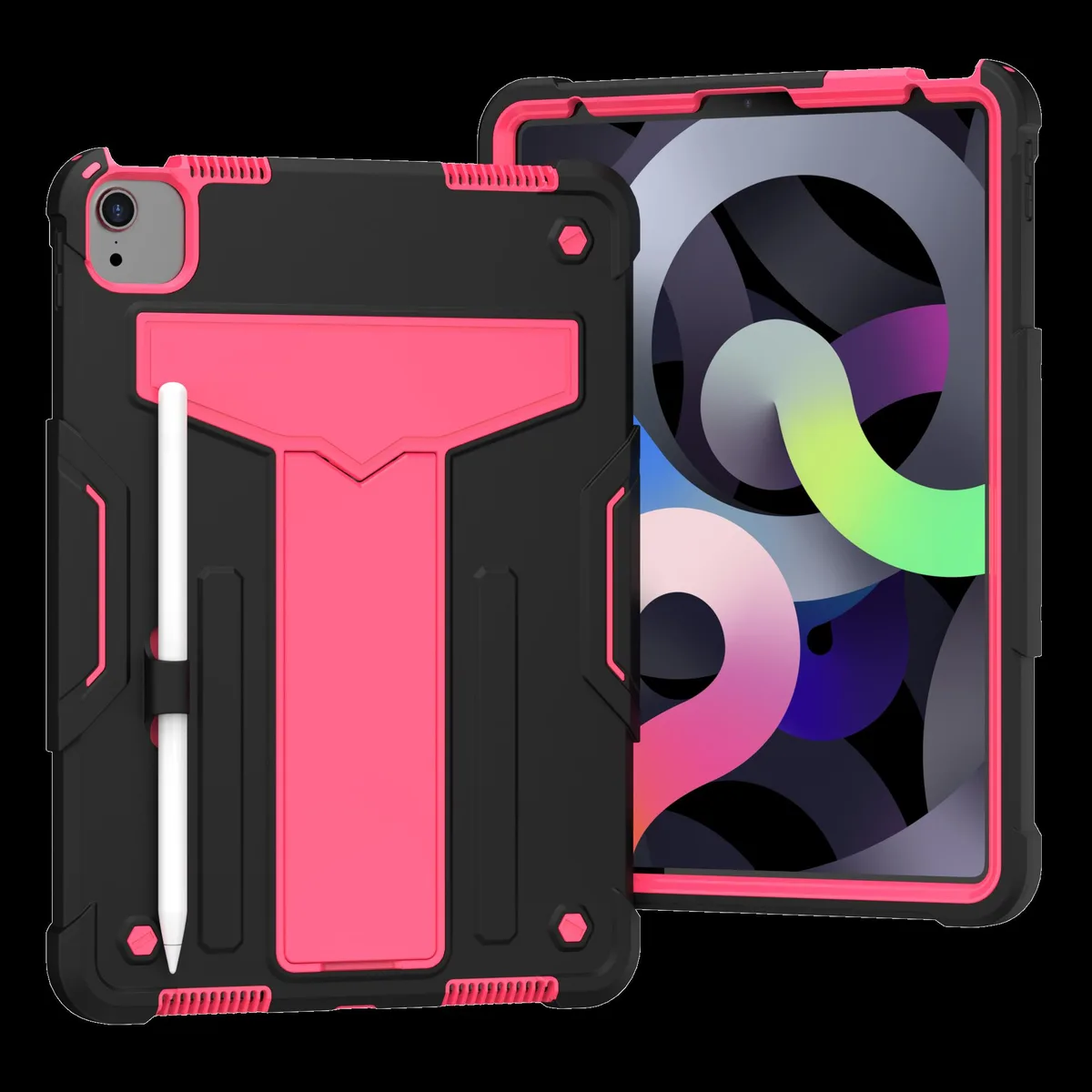 Black and pink dual-layer protective case with kickstand for 10.9 inch iPad Air