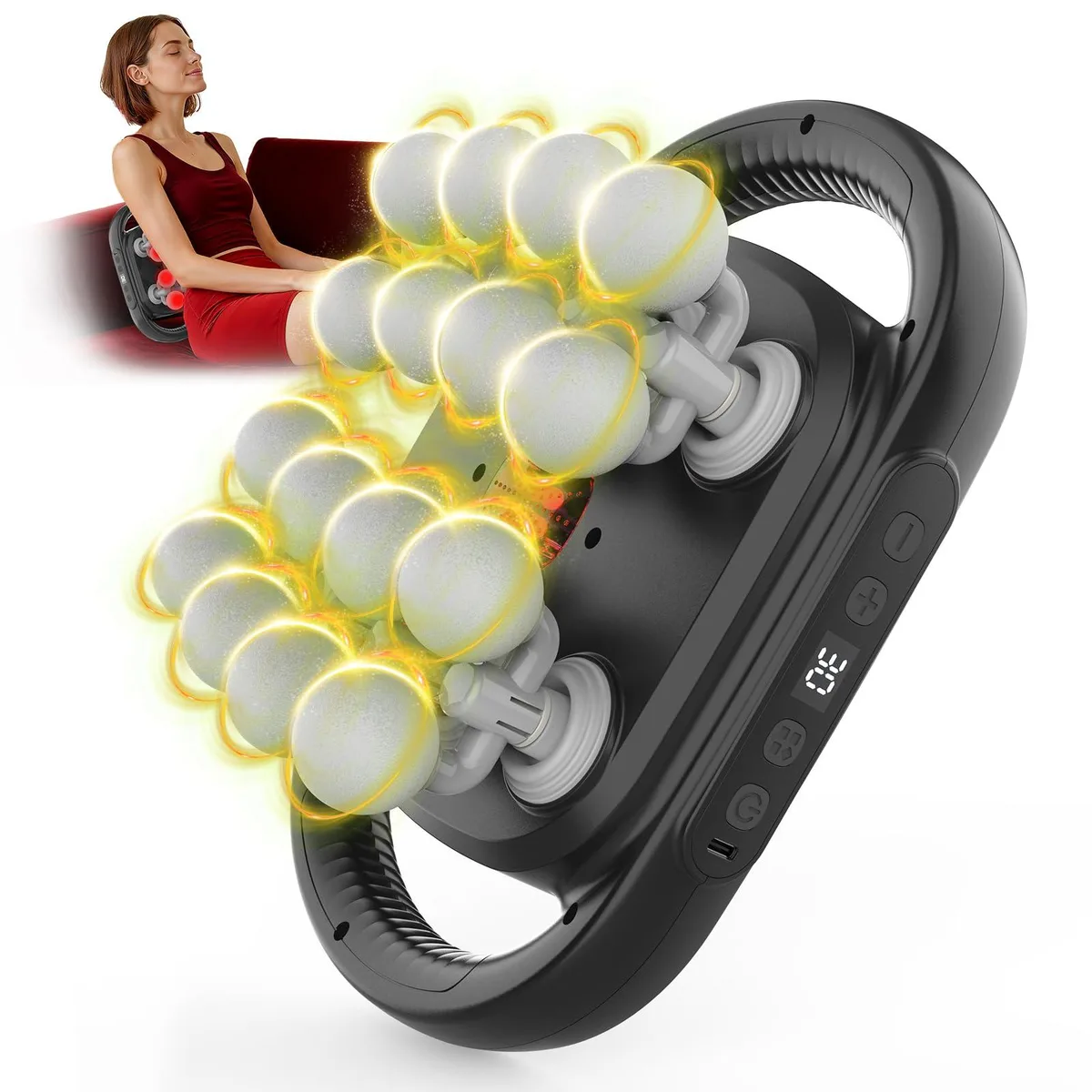 Grey handheld massage gun with 16 interchangeable heads, compact pistol grip design