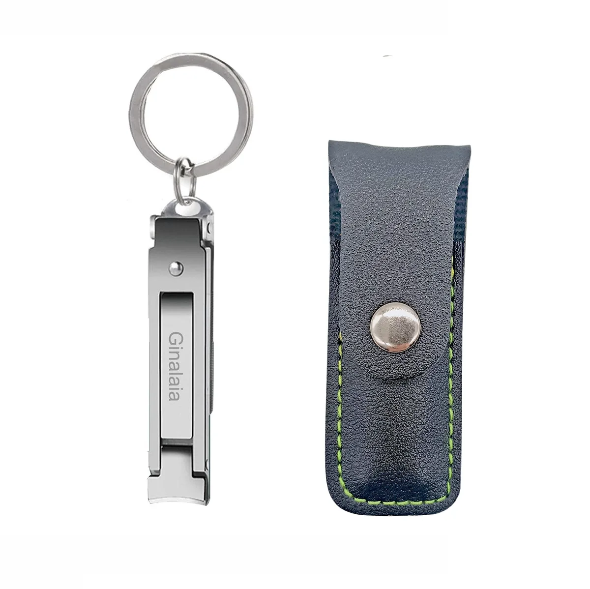 Ultra-thin stainless steel nail clipper with built-in file and leather pouch, curved minimalist design