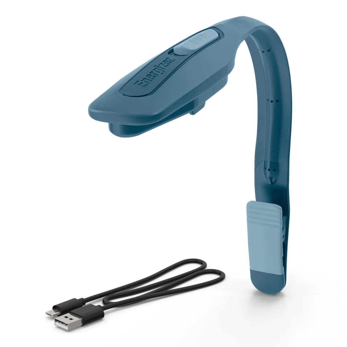 Blue clip-on book light with flexible neck and USB-C charging