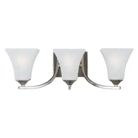 Satin nickel vanity light with three frosted square glass shades on square metal tubing, 21.5 inches wide