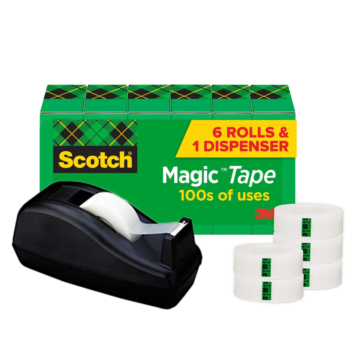 Six transparent tape rolls in a black plastic C-40 dispenser