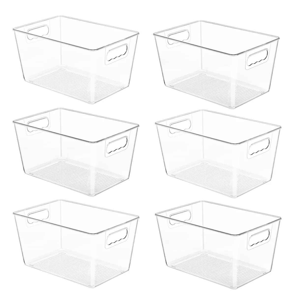 Six clear plastic bins with side handles stacked together
