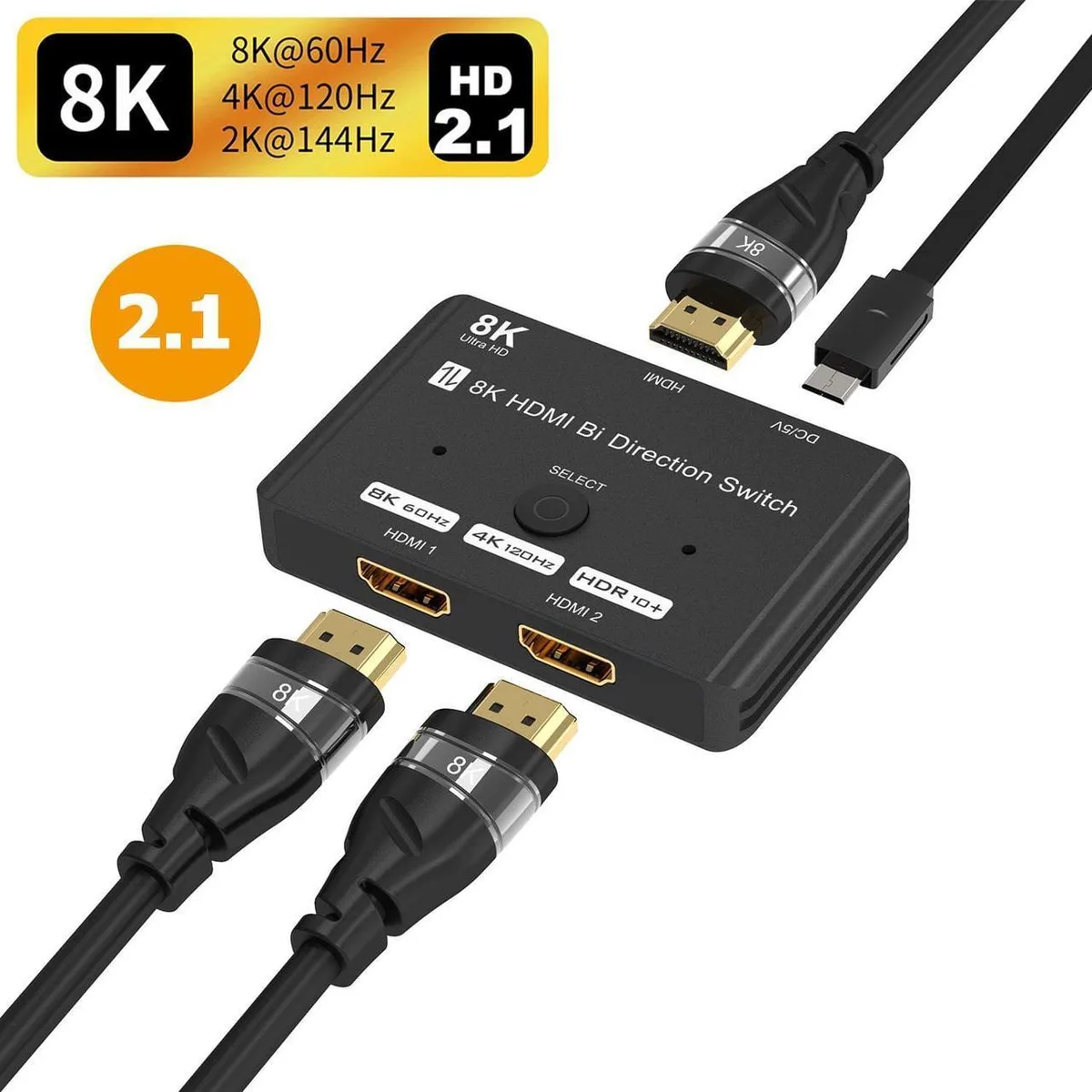 Compact aluminium HDMI 2.1 bi-directional switch with dual indicator lights and included 8K cable