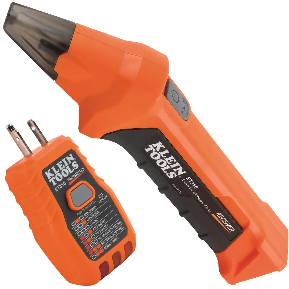 Two-piece circuit breaker finder with transmitter and receiver, yellow plastic housing, three-pin plug on transmitter