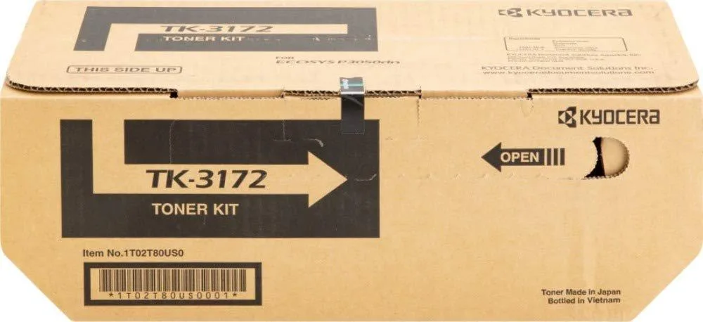 Rectangular black toner cartridge with green chip and white label