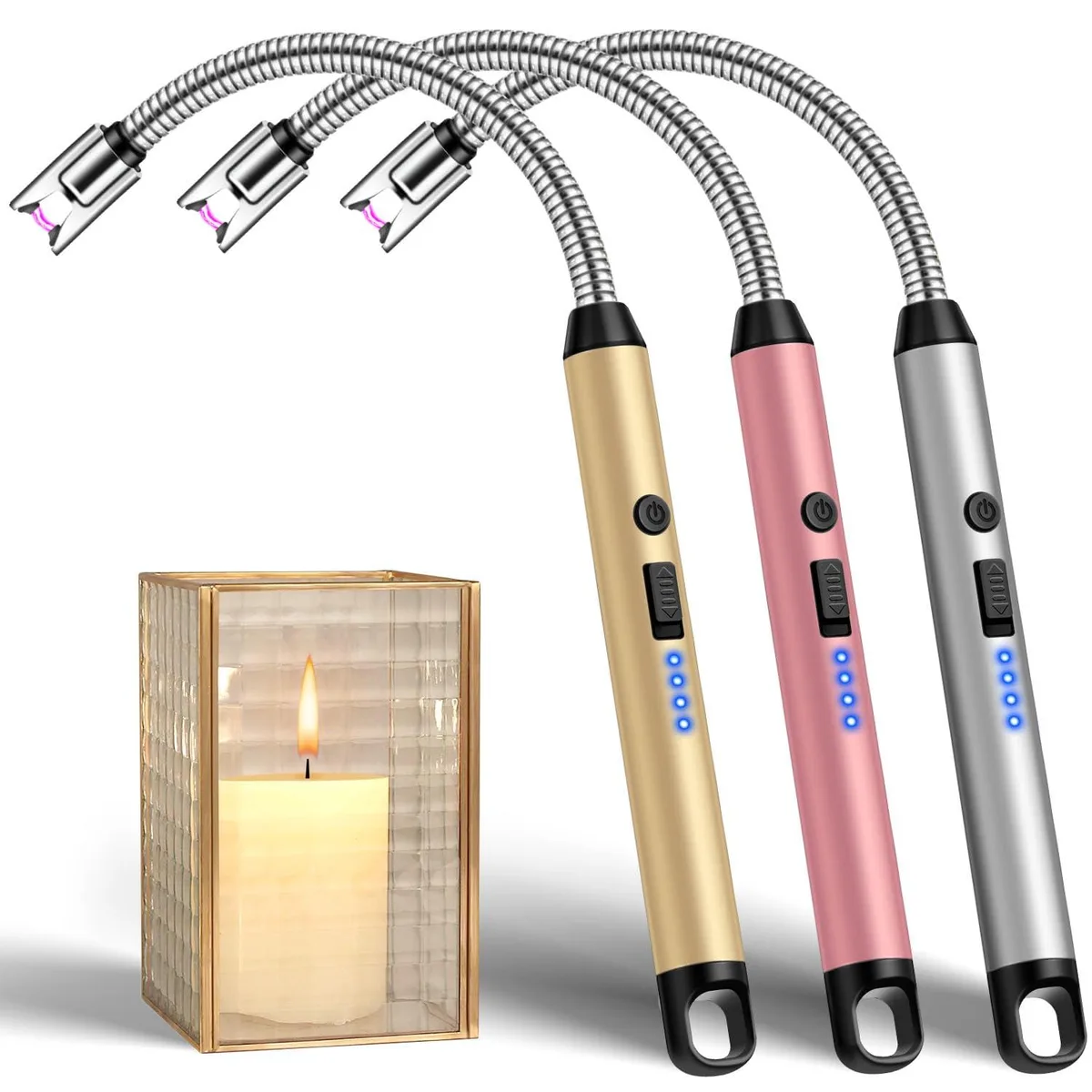  LcFun 3 Pack Arc Lighter 10 in Flexible Neck Safety Lock USB Rechargeable (Gold) — product photo